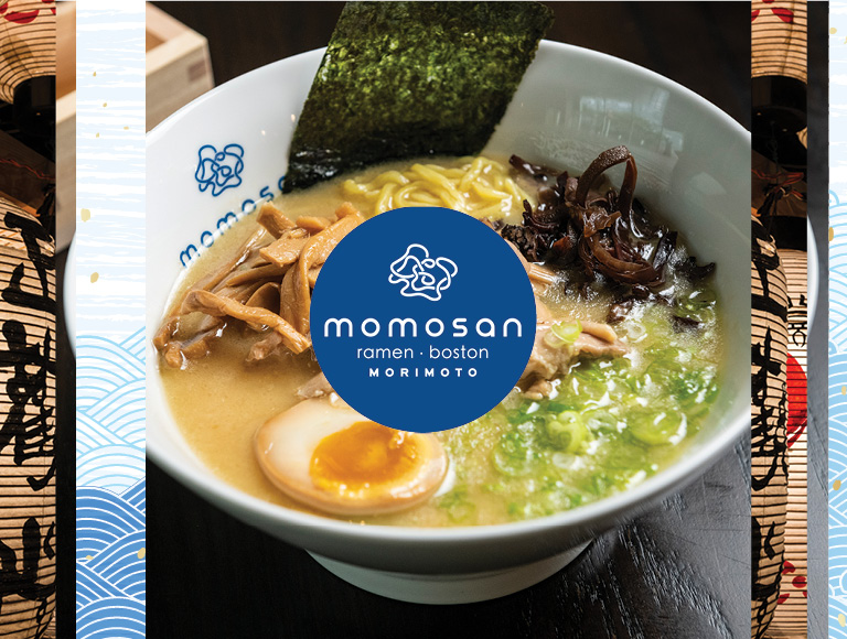 Ramen and tacos served at Momosan Ramen Boston inside Boston's newest food hall, Hub Hall