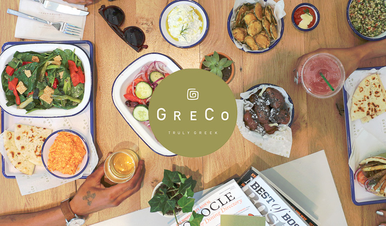Greek food served at GreCo at Hub Hall in Boston, MA